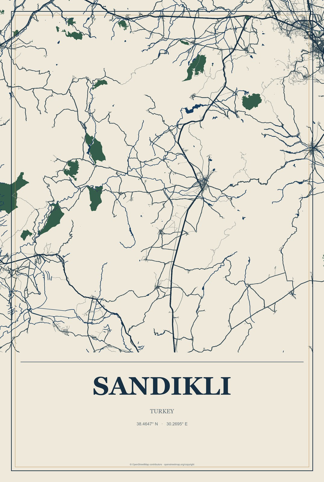 Sandıklı, Turkey City Map Aluminum Sign in Coastal Cutout style
