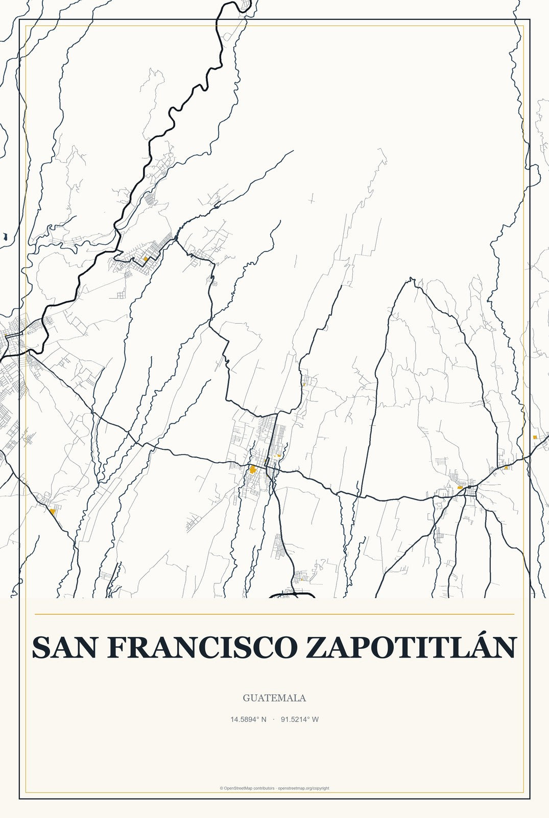San Francisco Zapotitlán, Guatemala City Map Aluminum Sign in Citrine Modern style