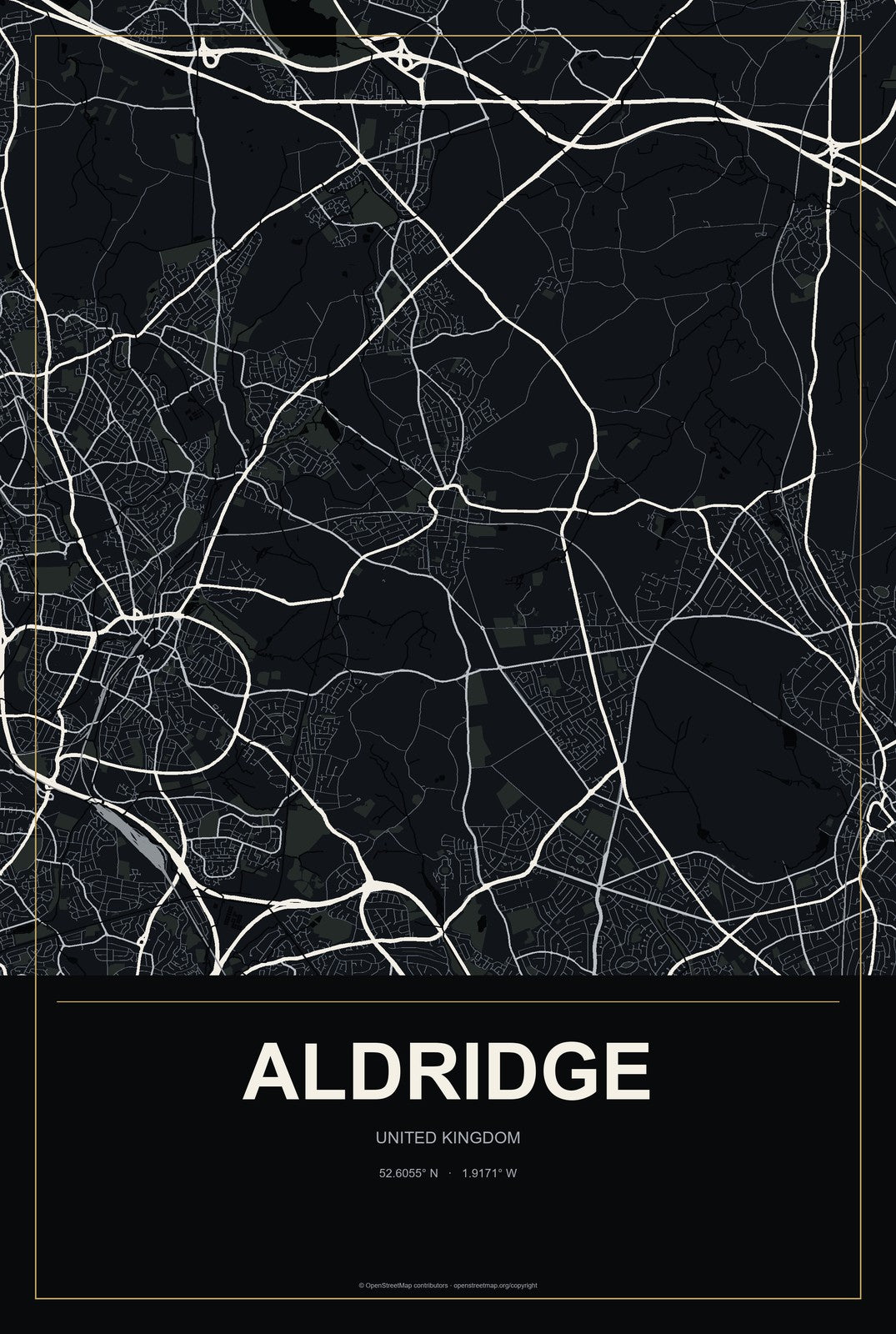 Aldridge, United Kingdom City Map Aluminum Sign in Metropolitan Noir style