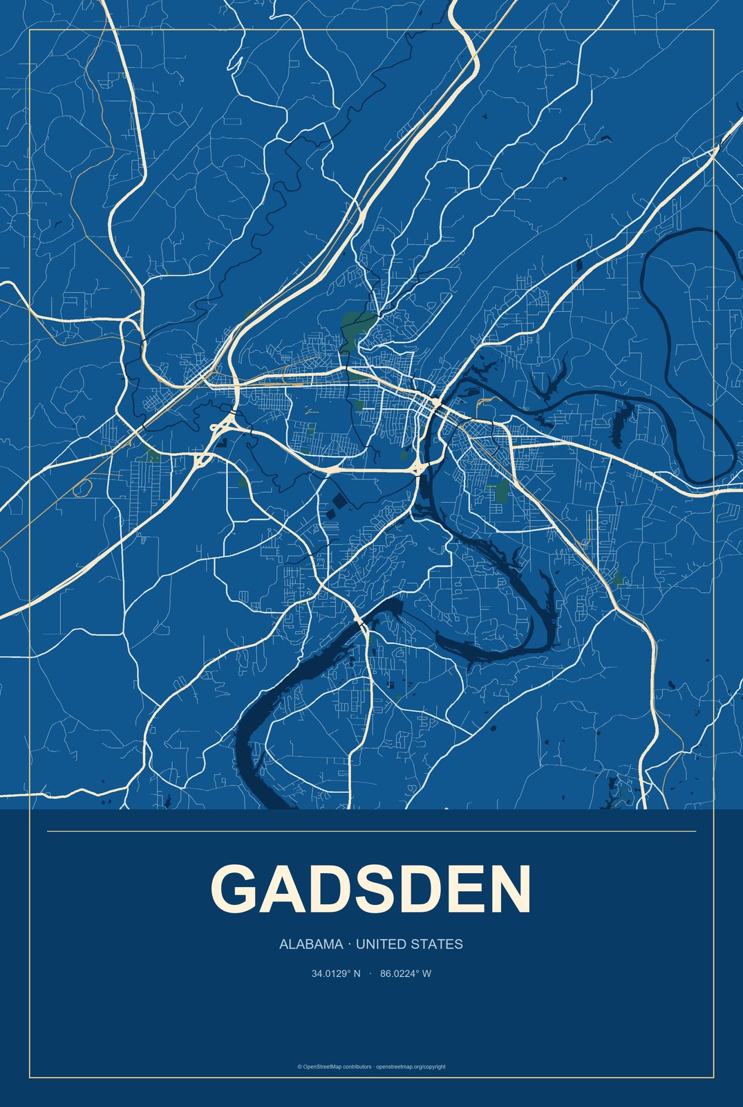 Gadsden, Alabama City Map Aluminum Sign in Harbor Cobalt style