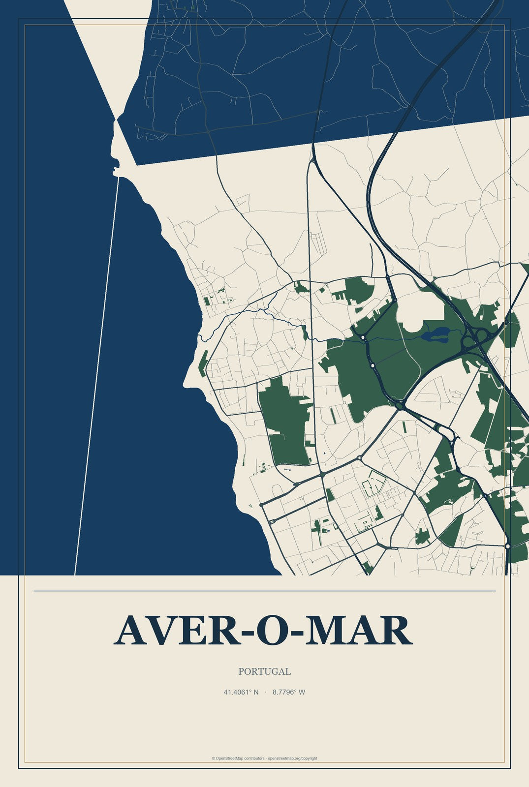 Aver-o-Mar, Portugal City Map Aluminum Sign in Coastal Cutout style
