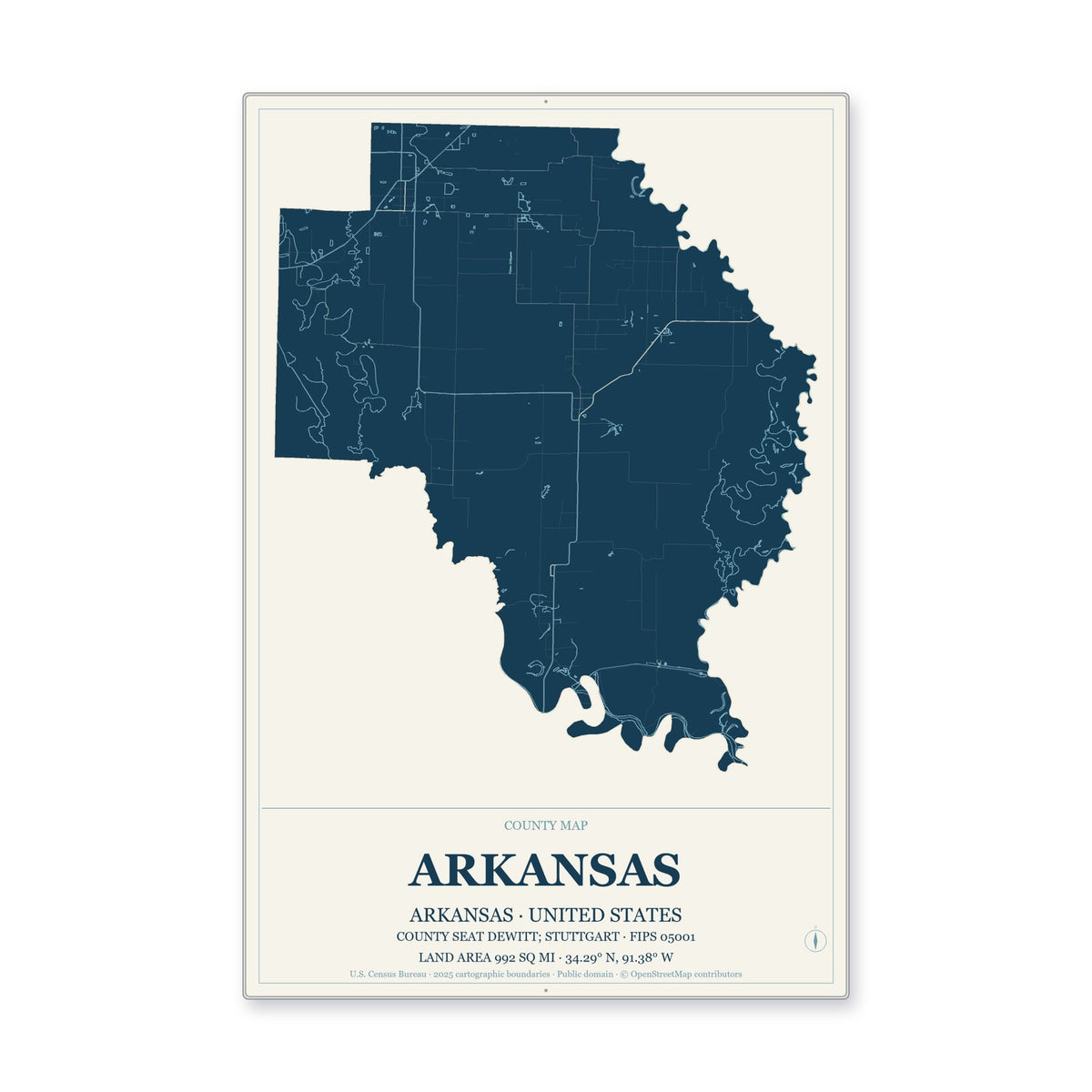 Arkansas County, Arkansas Map Aluminum Sign in Coastal Cutout style