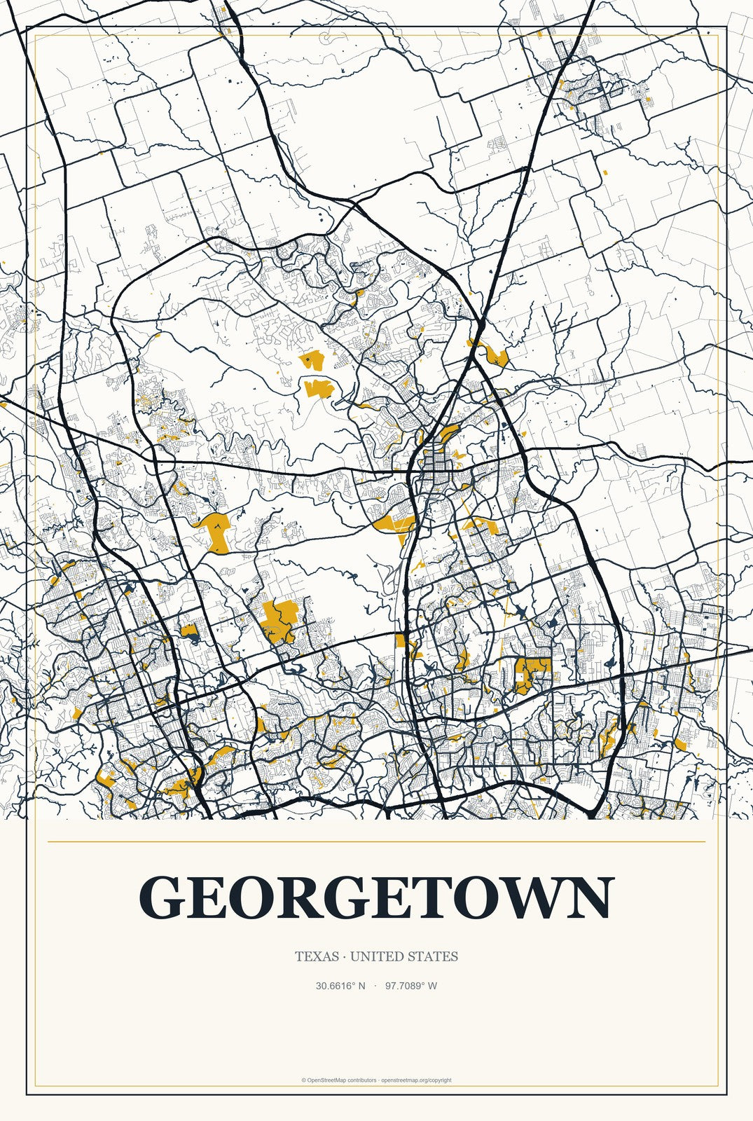Georgetown, Texas City Map Aluminum Sign in Citrine Modern style
