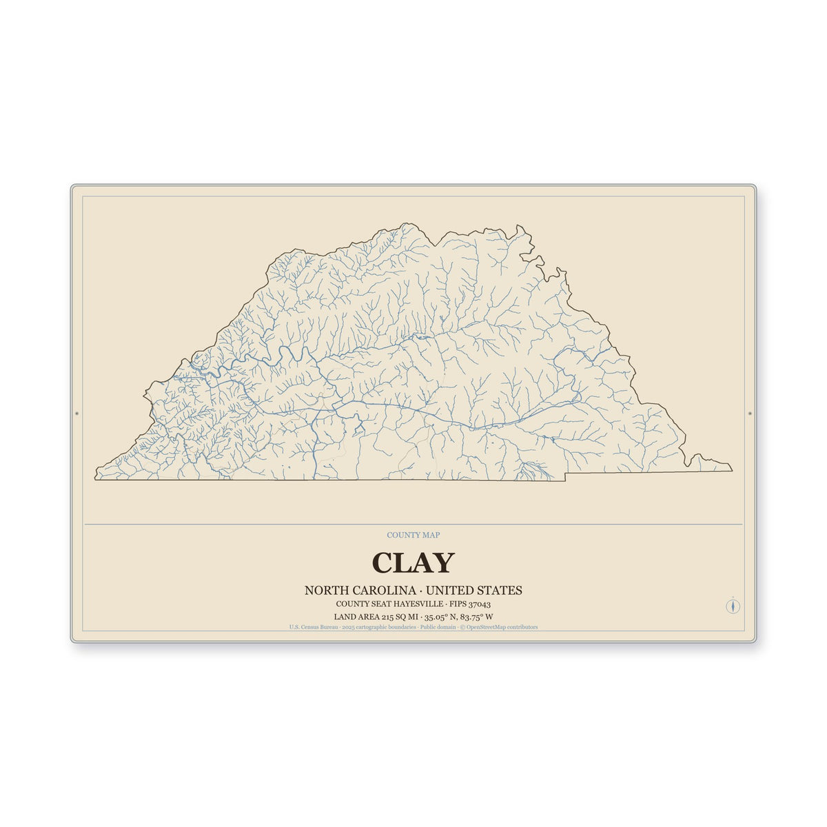 Clay County, North Carolina Map Aluminum Sign in Heritage Nautical style