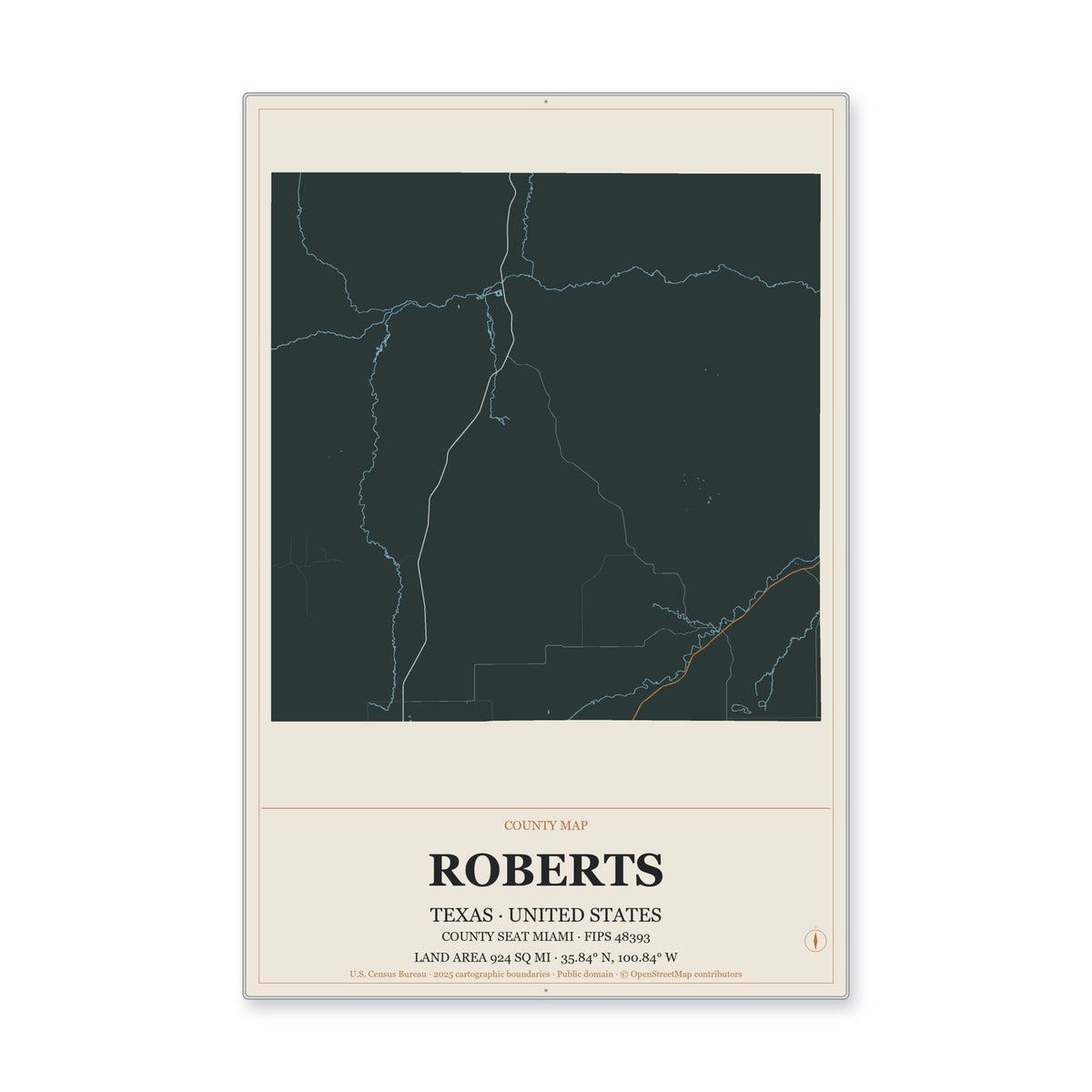Roberts County, Texas Map Aluminum Sign in Headline Atlas style