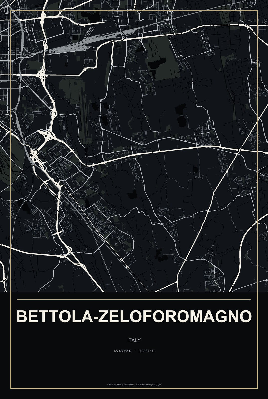 Bettola-Zeloforomagno, Italy City Map Aluminum Sign in Metropolitan Noir style