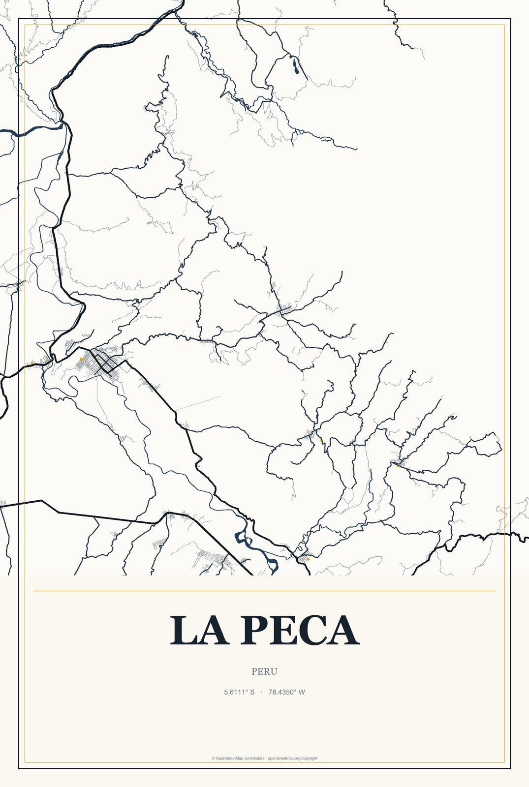 La Peca, Peru City Map Aluminum Sign in Citrine Modern style
