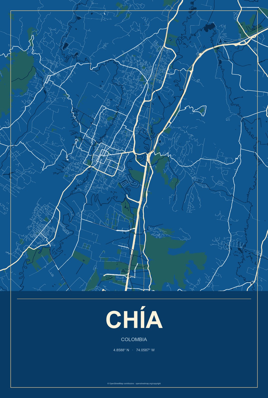 Chía, Colombia City Map Aluminum Sign in Harbor Cobalt style