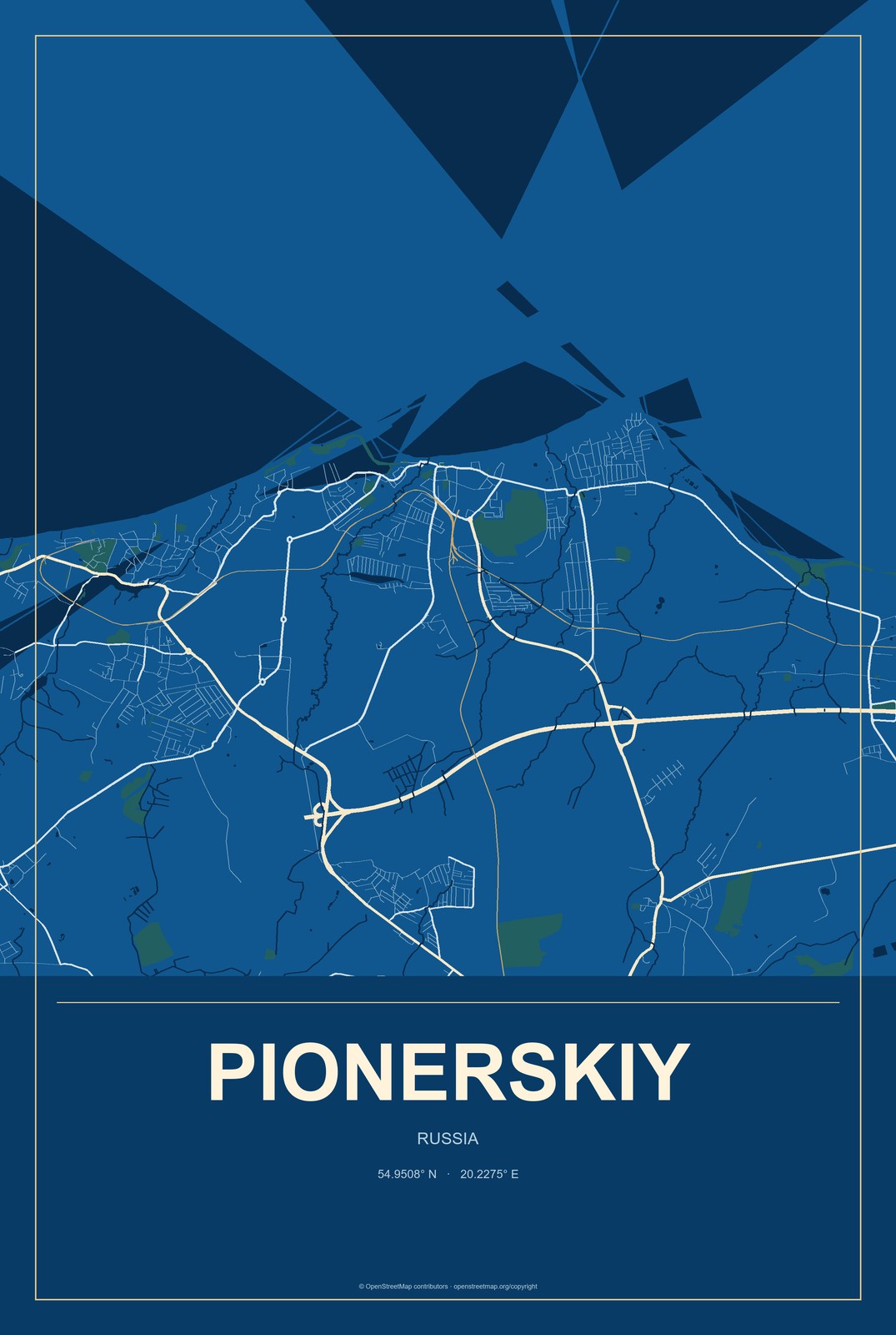 Pionerskiy, Russia City Map Aluminum Sign in Harbor Cobalt style