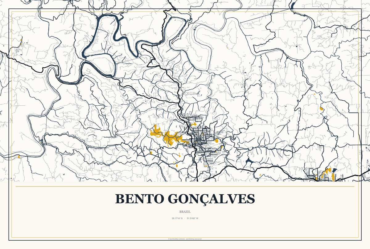 Bento Gonçalves, Brazil City Map Aluminum Sign in Citrine Modern style