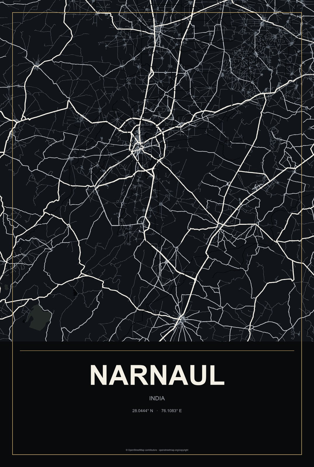 Narnaul, India City Map Aluminum Sign in Metropolitan Noir style
