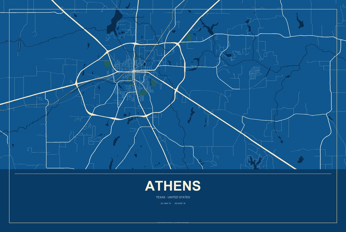 Athens, Texas City Map Aluminum Sign in Harbor Cobalt style