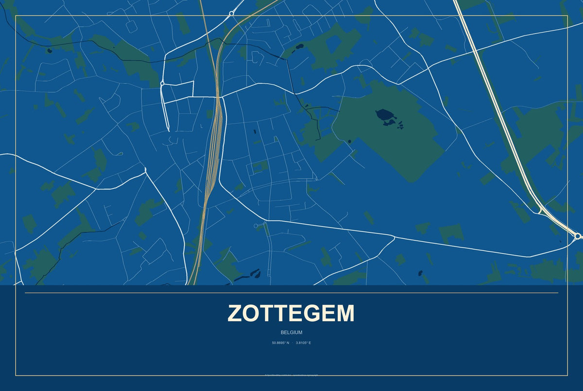 Zottegem, Belgium City Map Aluminum Sign in Harbor Cobalt style