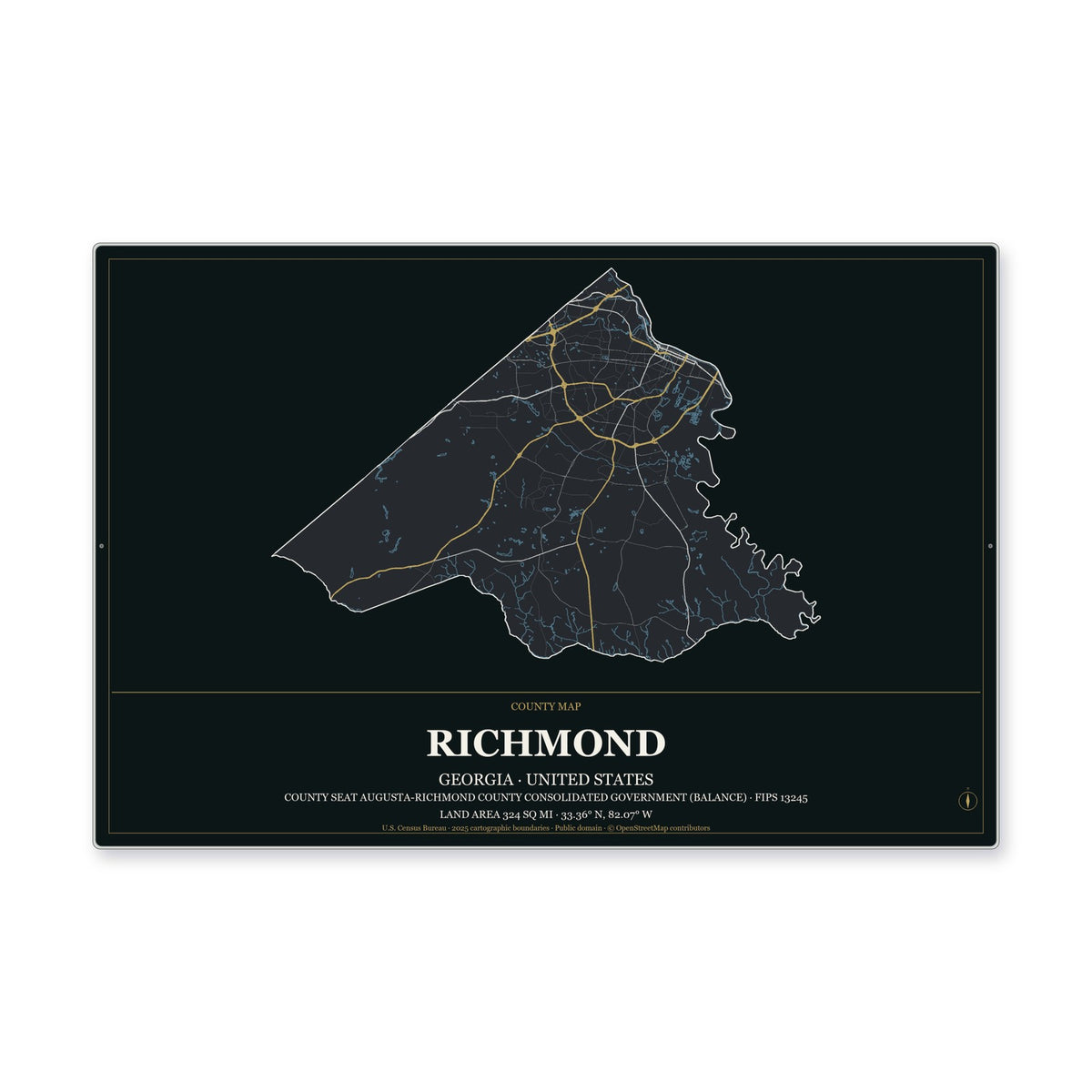 Richmond County, Georgia Map Aluminum Sign in Metropolitan Noir style
