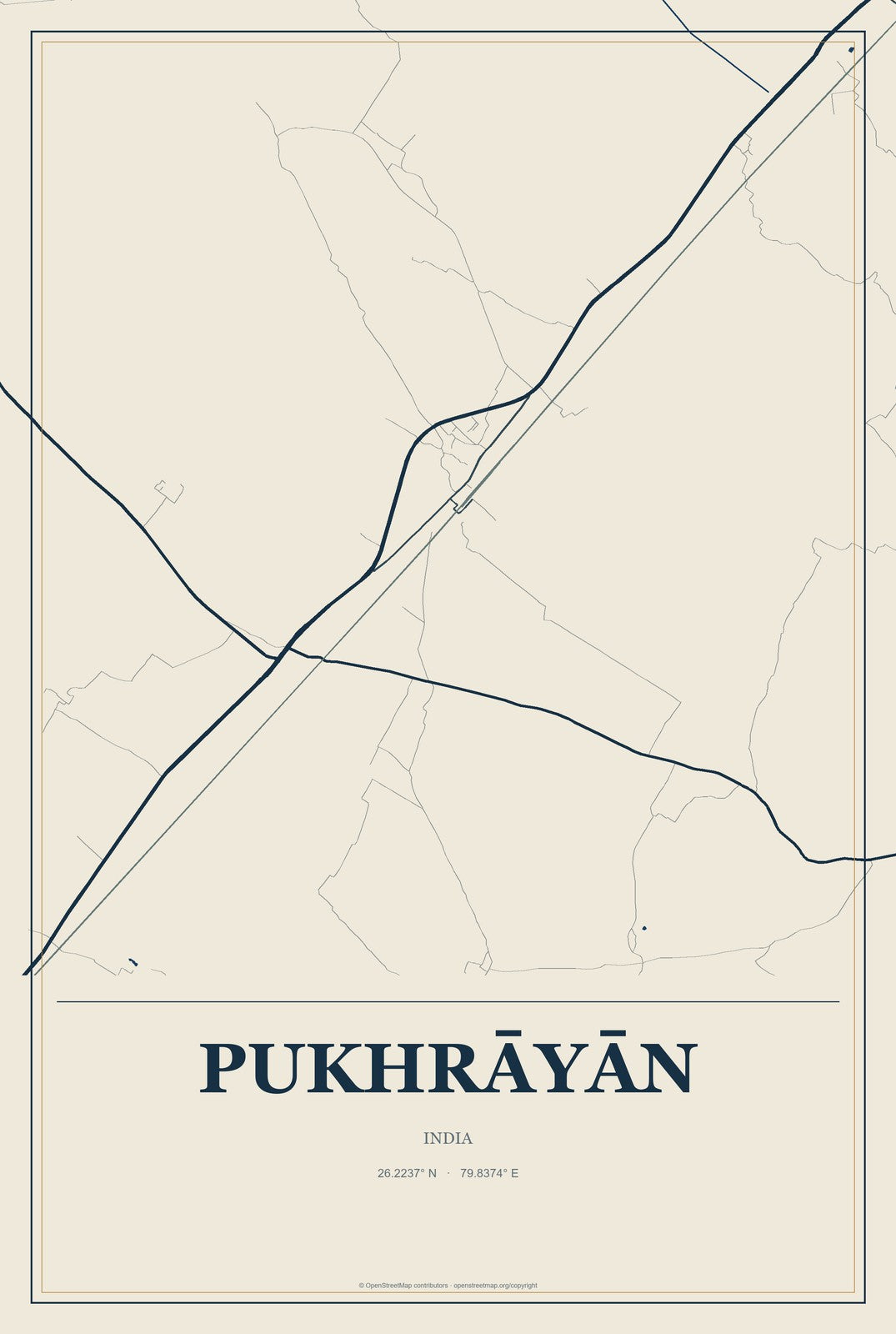 Pukhrāyān, India City Map Aluminum Sign in Coastal Cutout style