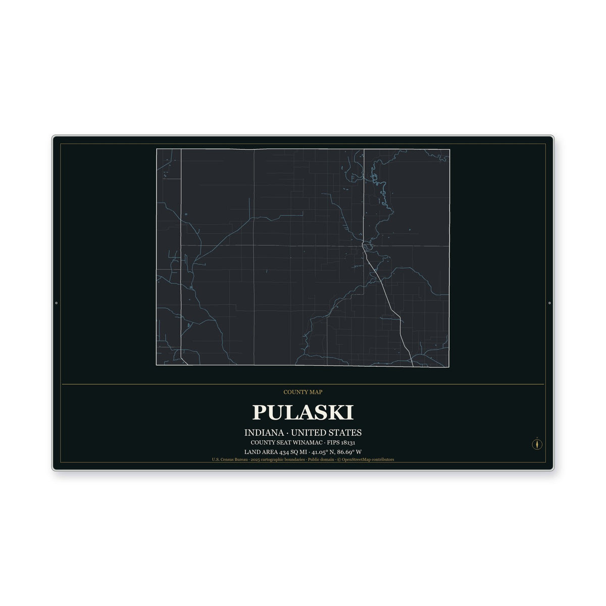 Pulaski County, Indiana Map Aluminum Sign in Metropolitan Noir style