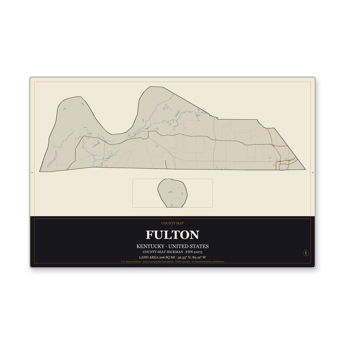 Fulton County, Kentucky Map Aluminum Sign in Museum Plaque style