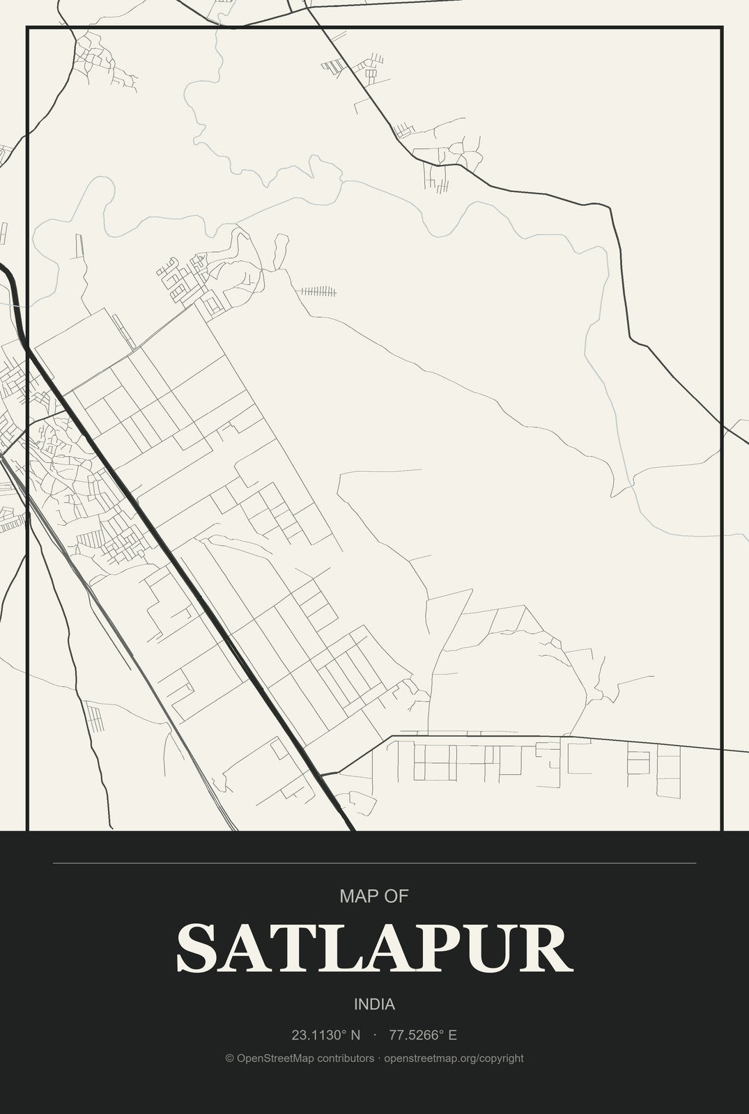 Satlapur, India City Map Aluminum Sign in Museum Plaque style