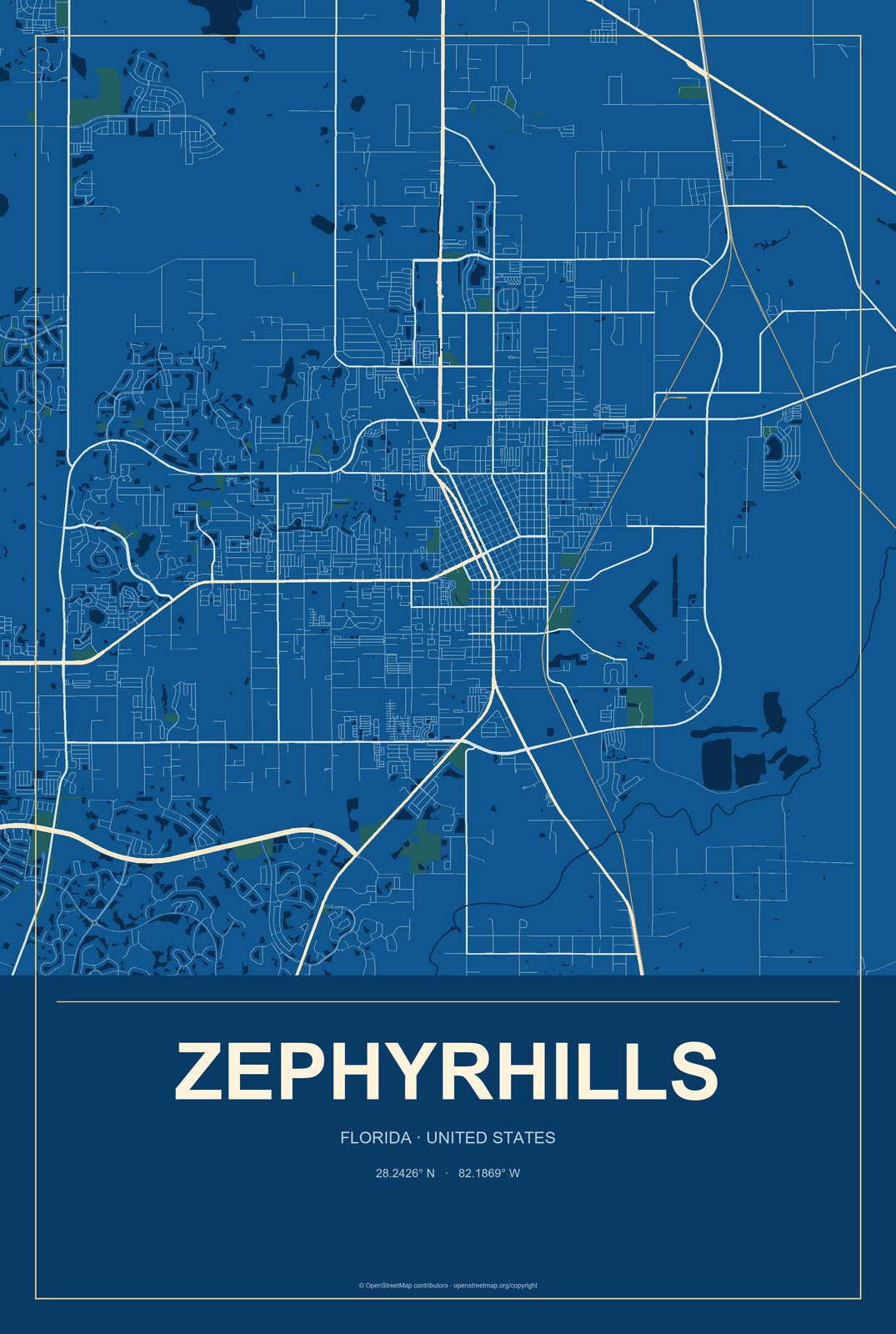 Zephyrhills, Florida City Map Aluminum Sign in Harbor Cobalt style