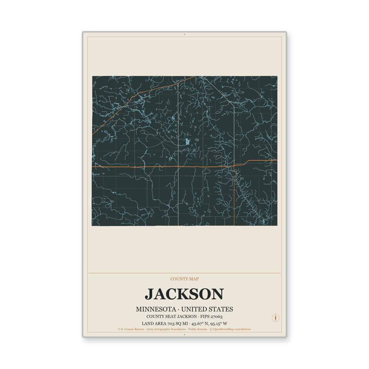 Jackson County, Minnesota Map Aluminum Sign in Headline Atlas style