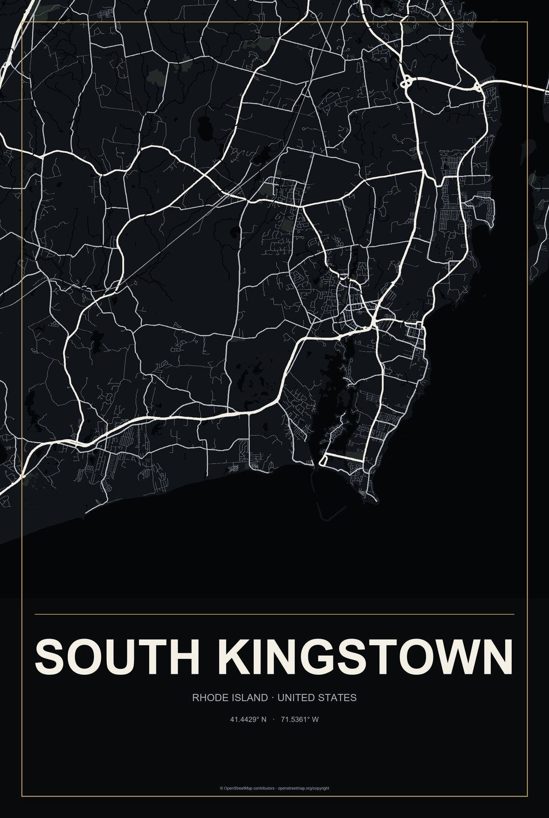 South Kingstown, Rhode Island City Map Aluminum Sign in Metropolitan Noir style