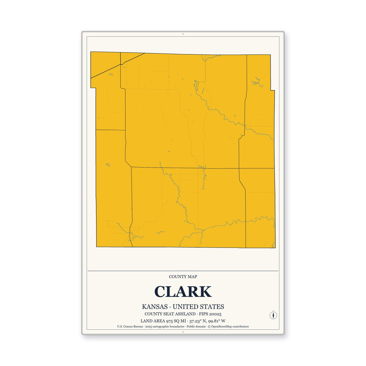Clark County, Kansas Map Aluminum Sign in Citrine Modern style