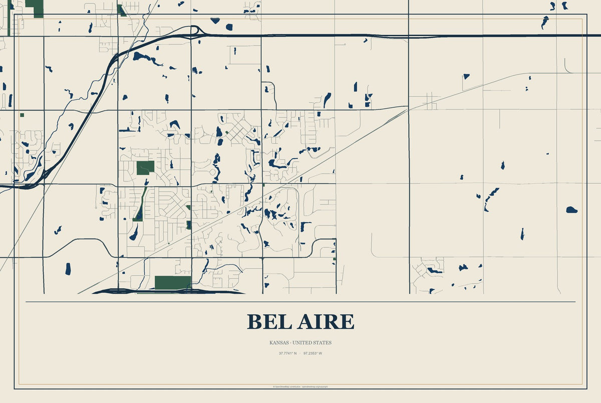 Bel Aire, Kansas City Map Aluminum Sign in Coastal Cutout style