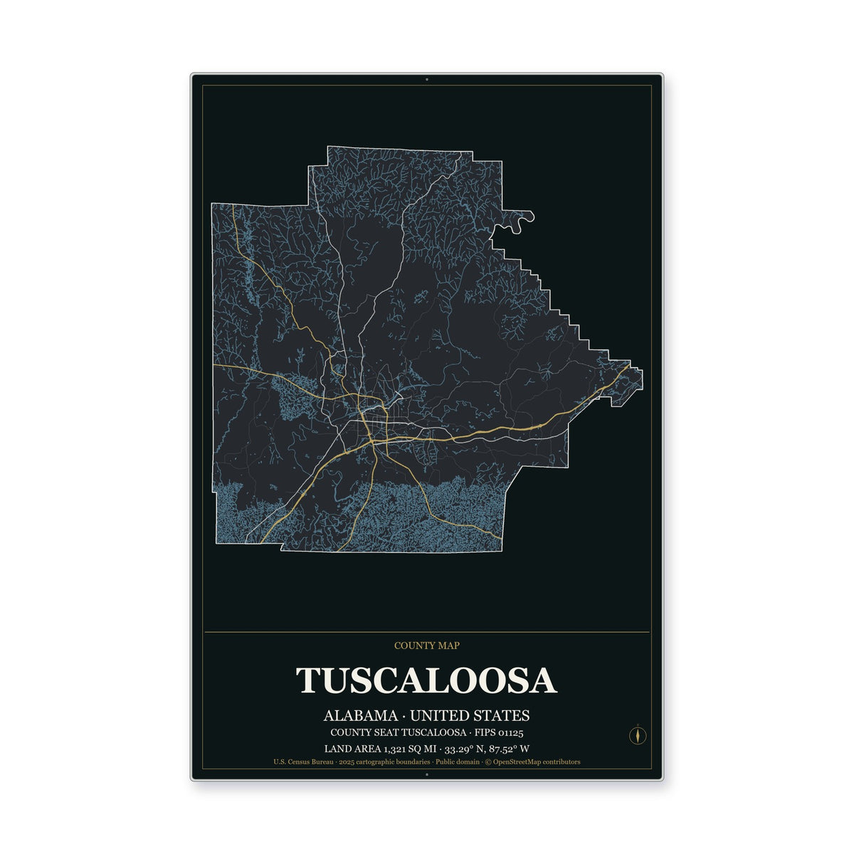 Tuscaloosa County, Alabama Map Aluminum Sign in Metropolitan Noir style