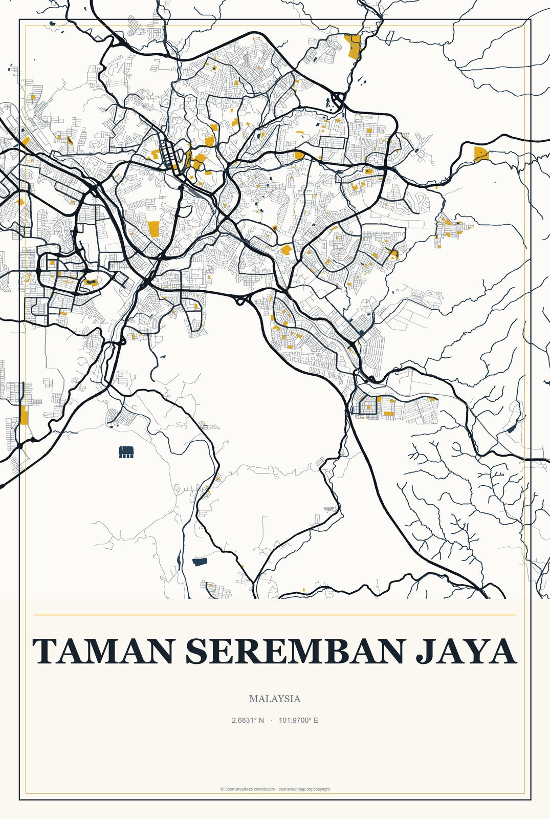 Taman Seremban Jaya, Malaysia City Map Aluminum Sign in Citrine Modern style