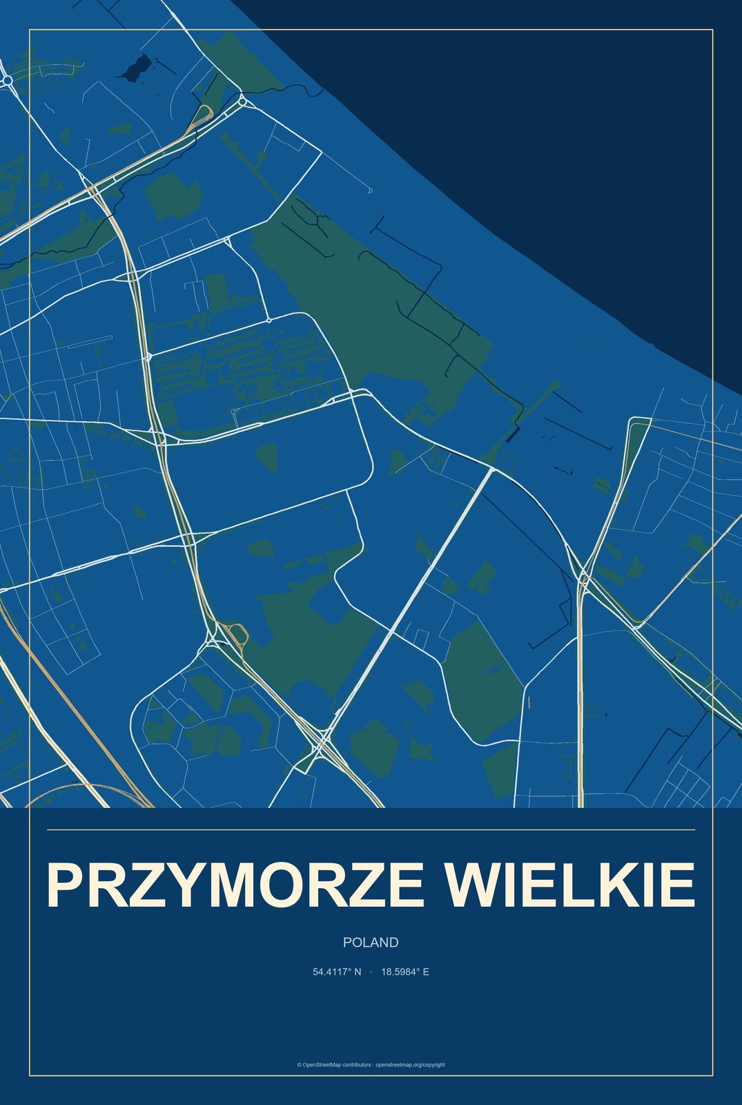 Przymorze Wielkie, Poland City Map Aluminum Sign in Harbor Cobalt style
