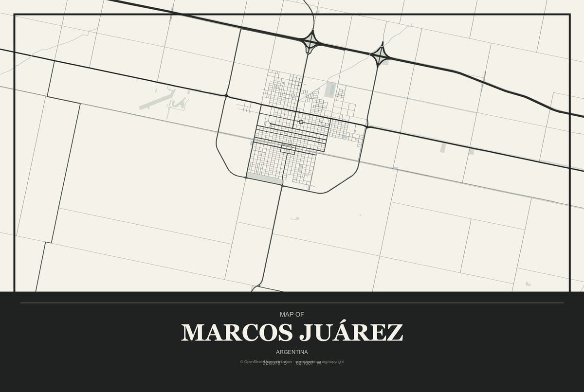 Marcos Juárez, Argentina City Map Aluminum Sign in Museum Plaque style
