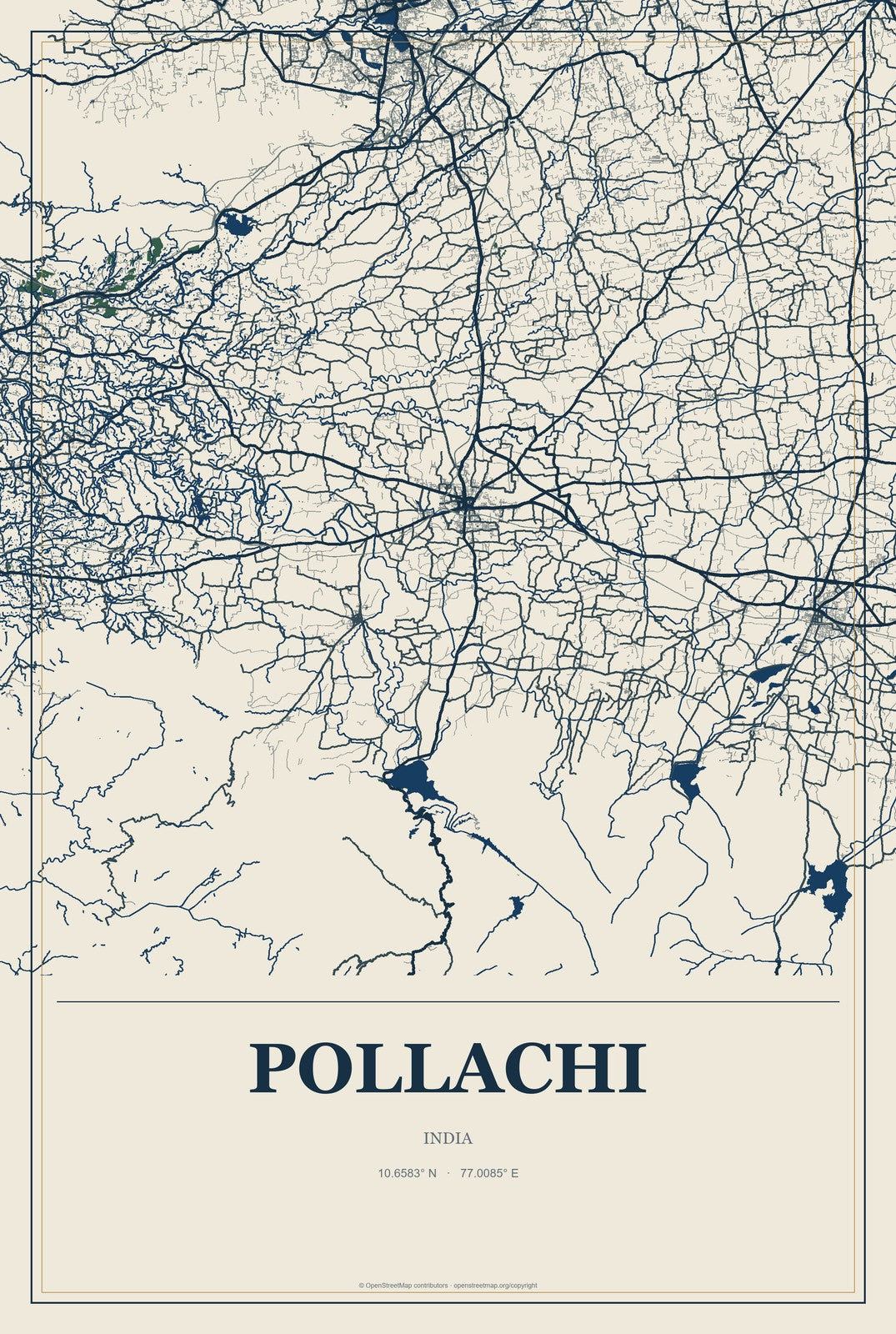 Pollachi, India City Map Aluminum Sign in Coastal Cutout style