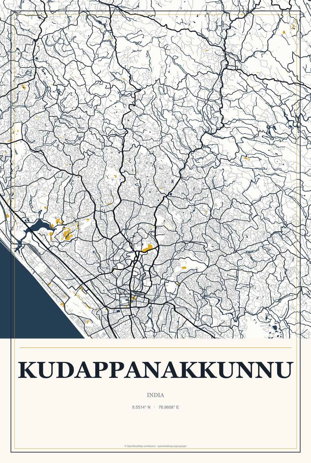 Kudappanakkunnu, India City Map Aluminum Sign in Citrine Modern style