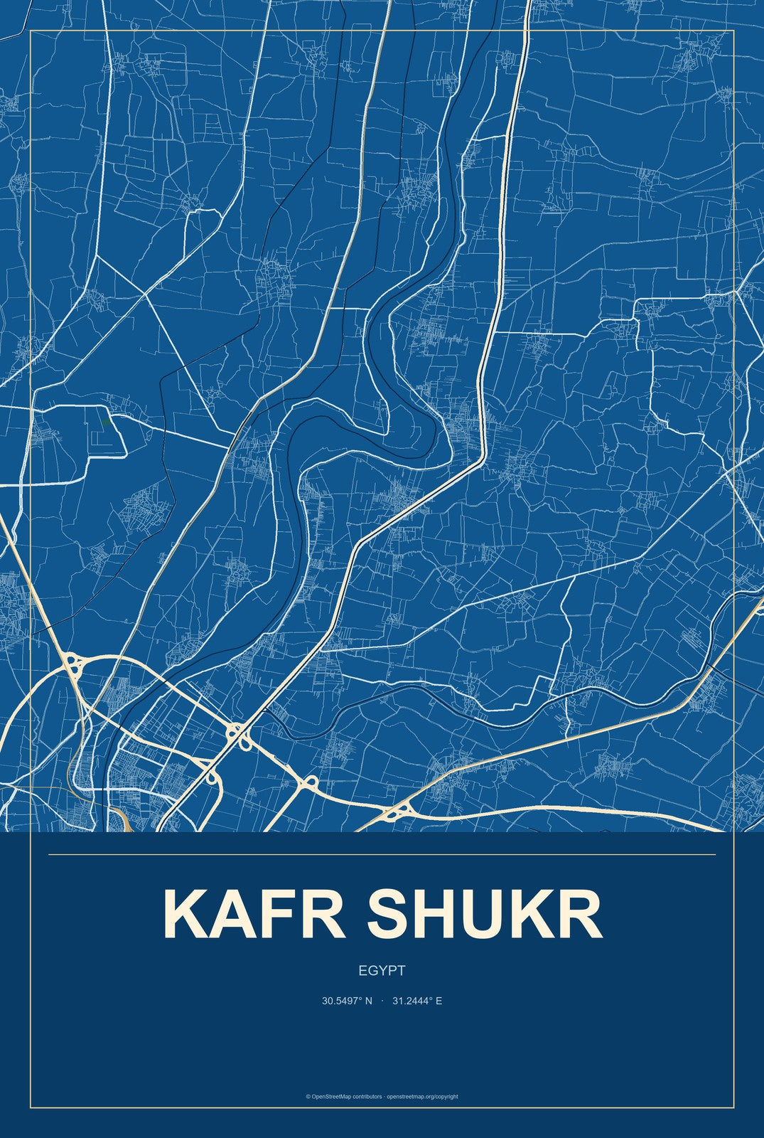 Kafr Shukr, Egypt City Map Aluminum Sign in Harbor Cobalt style