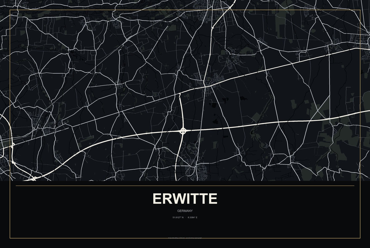 Erwitte, Germany City Map Aluminum Sign in Metropolitan Noir style