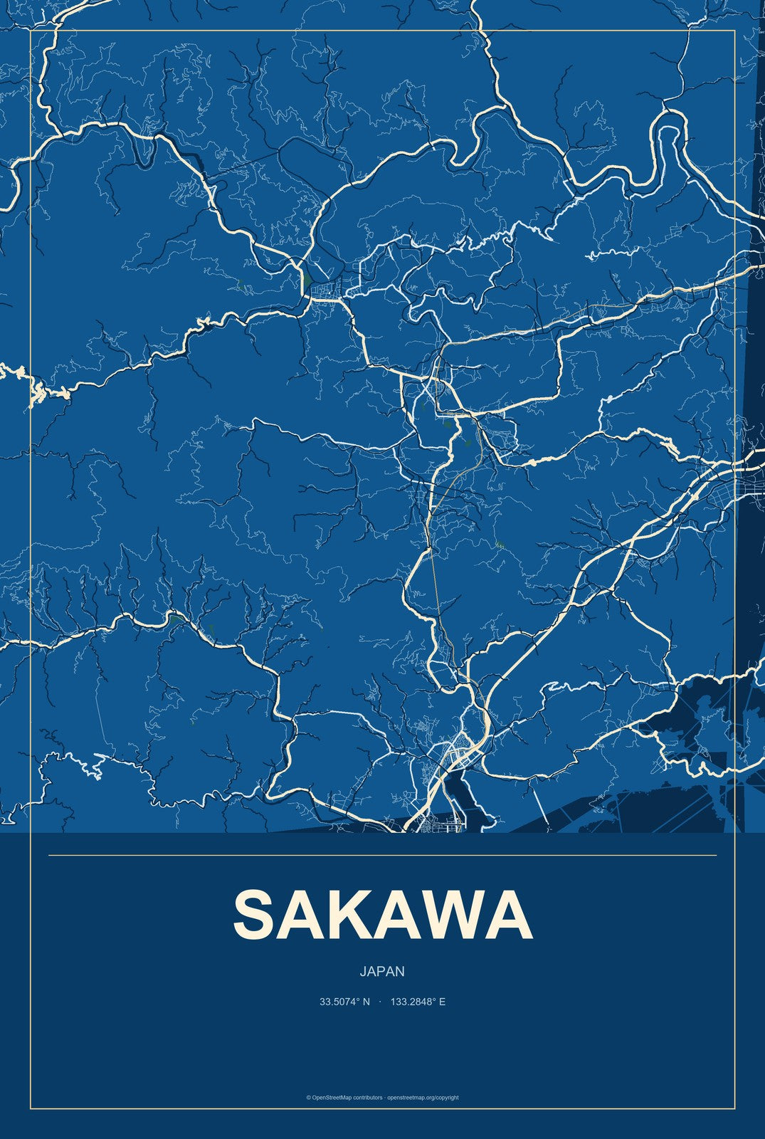 Sakawa, Japan City Map Aluminum Sign in Harbor Cobalt style