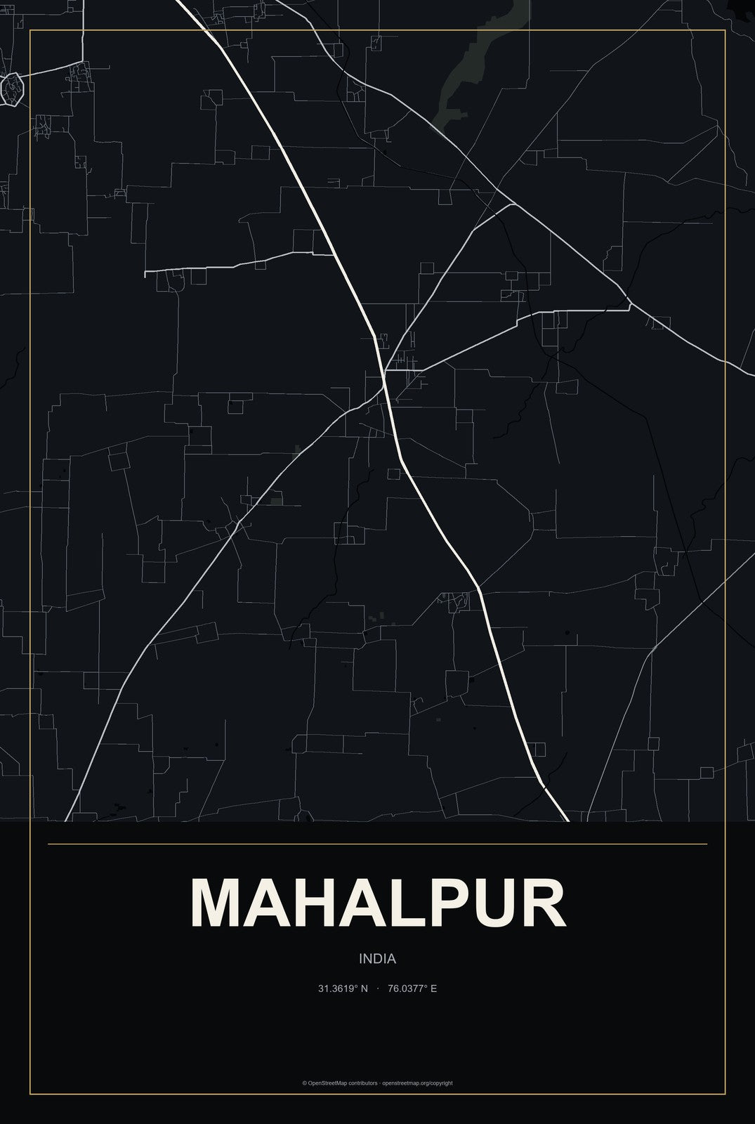 Mahalpur, India City Map Aluminum Sign in Metropolitan Noir style