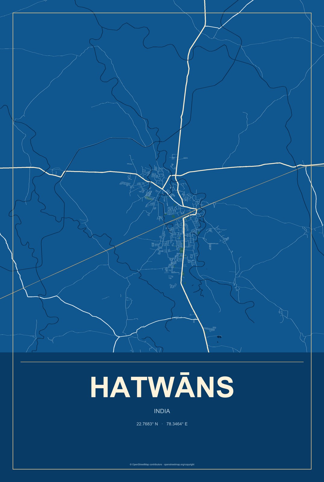 Hatwāns, India City Map Aluminum Sign in Harbor Cobalt style