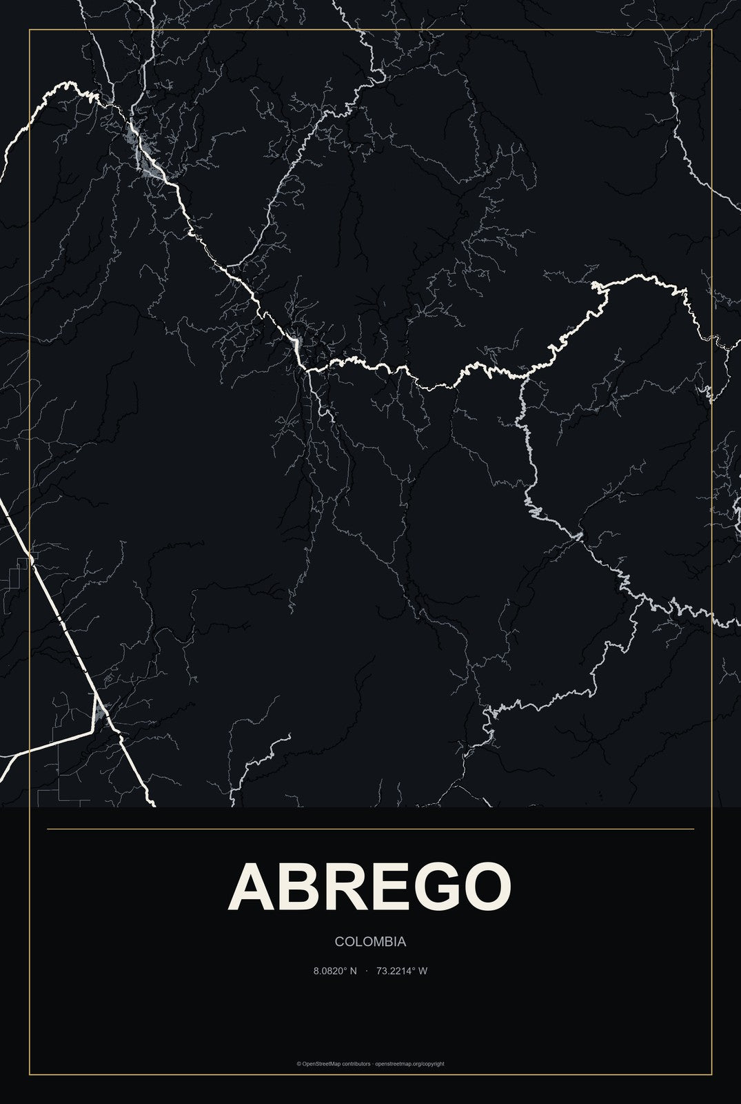 Abrego, Colombia City Map Aluminum Sign in Metropolitan Noir style