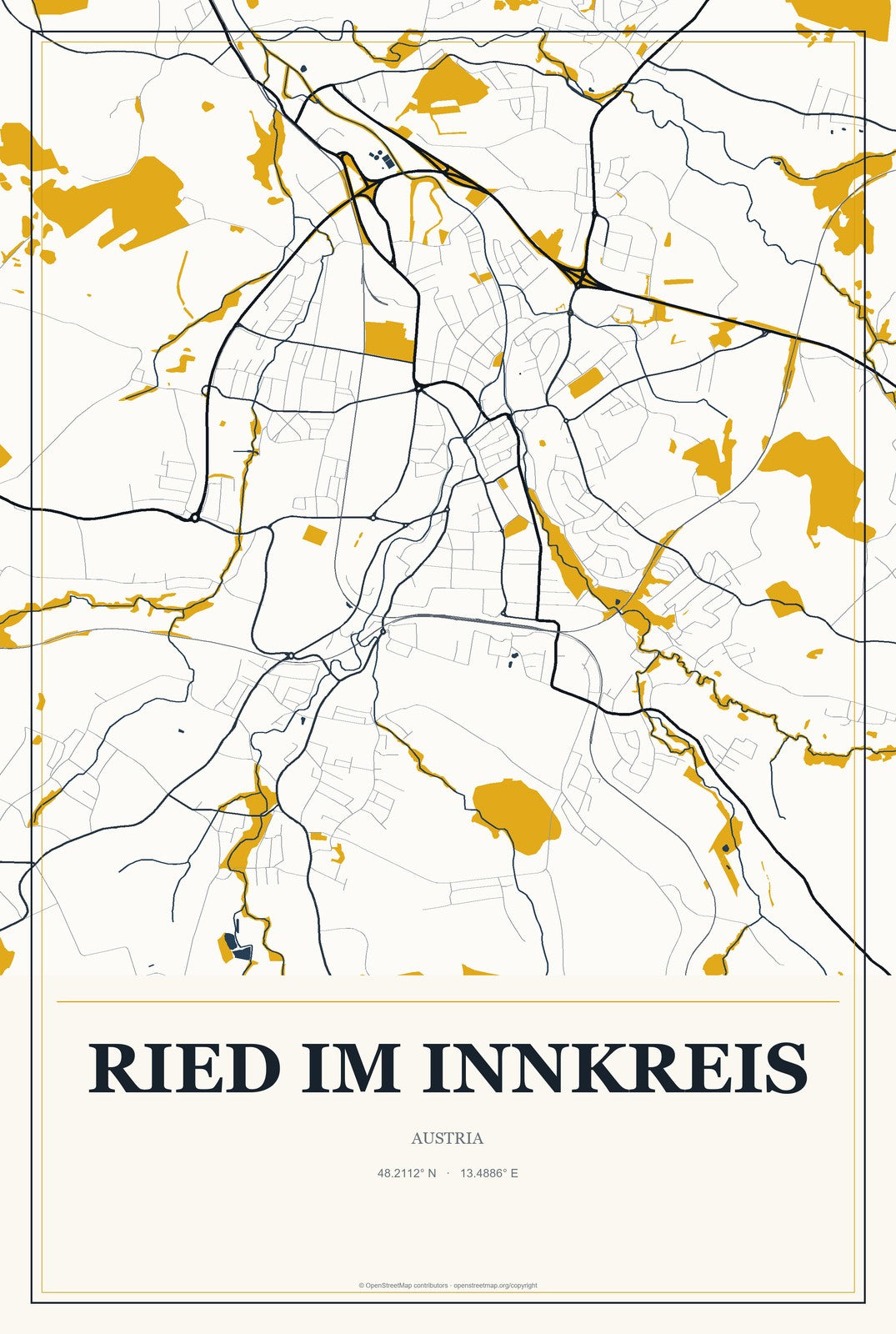 Ried im Innkreis, Austria City Map Aluminum Sign in Citrine Modern style