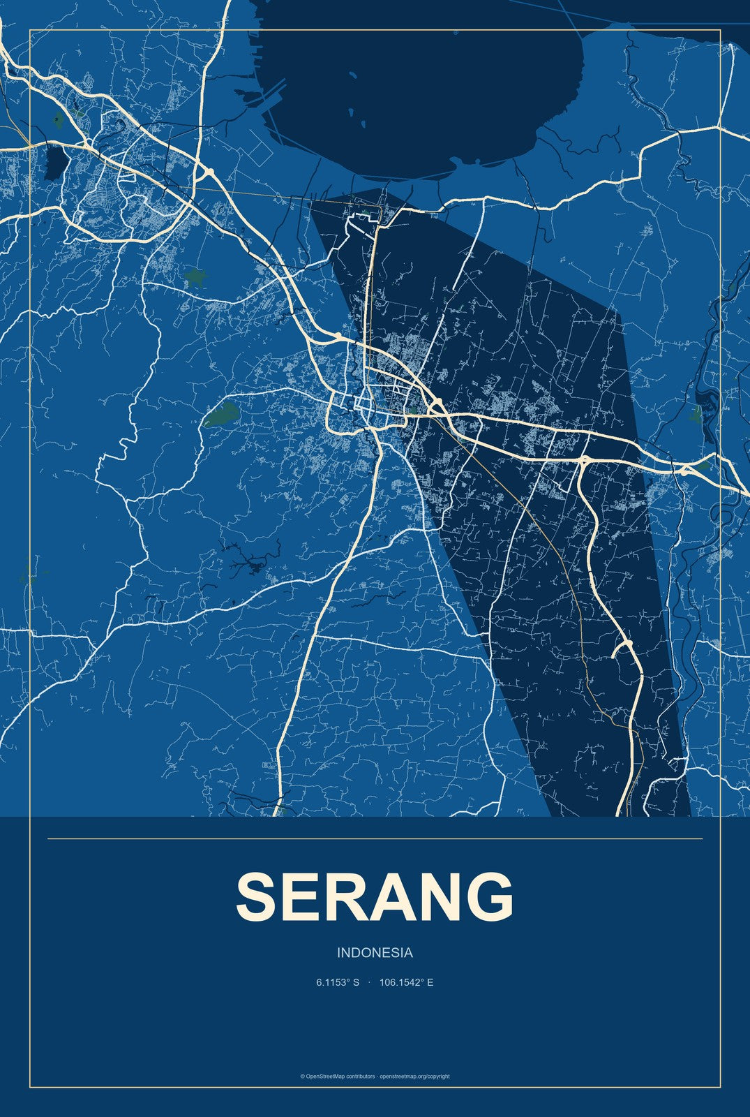 Serang, Indonesia City Map Aluminum Sign in Harbor Cobalt style