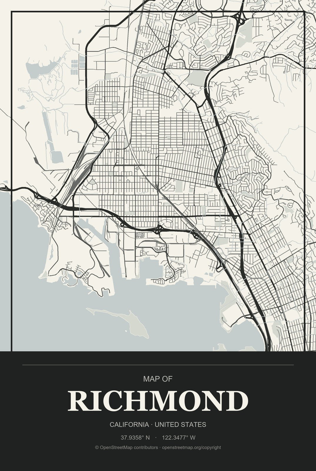 Richmond, California City Map Aluminum Sign in Museum Plaque style
