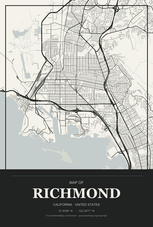 Richmond, California City Map Aluminum Sign in Museum Plaque style