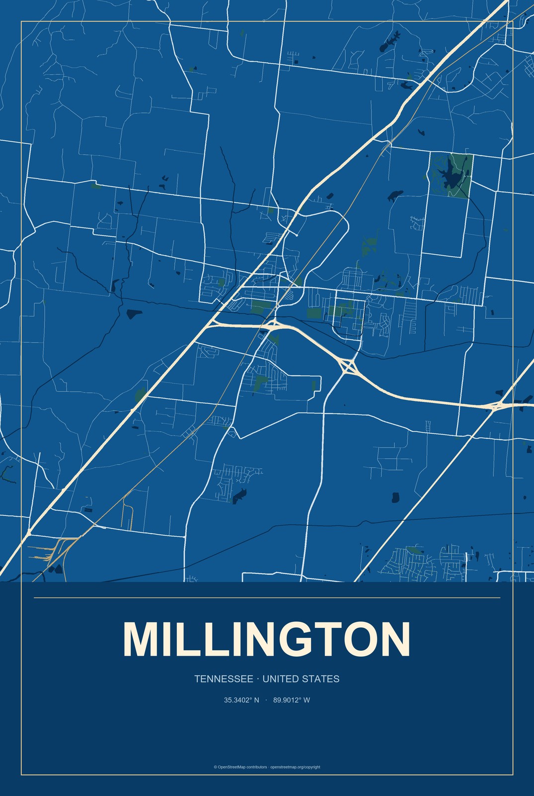 Millington, Tennessee City Map Aluminum Sign in Harbor Cobalt style