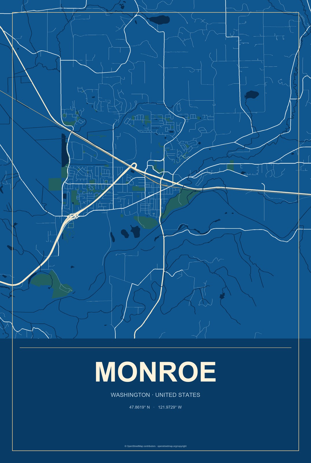 Monroe, Washington City Map Aluminum Sign in Harbor Cobalt style