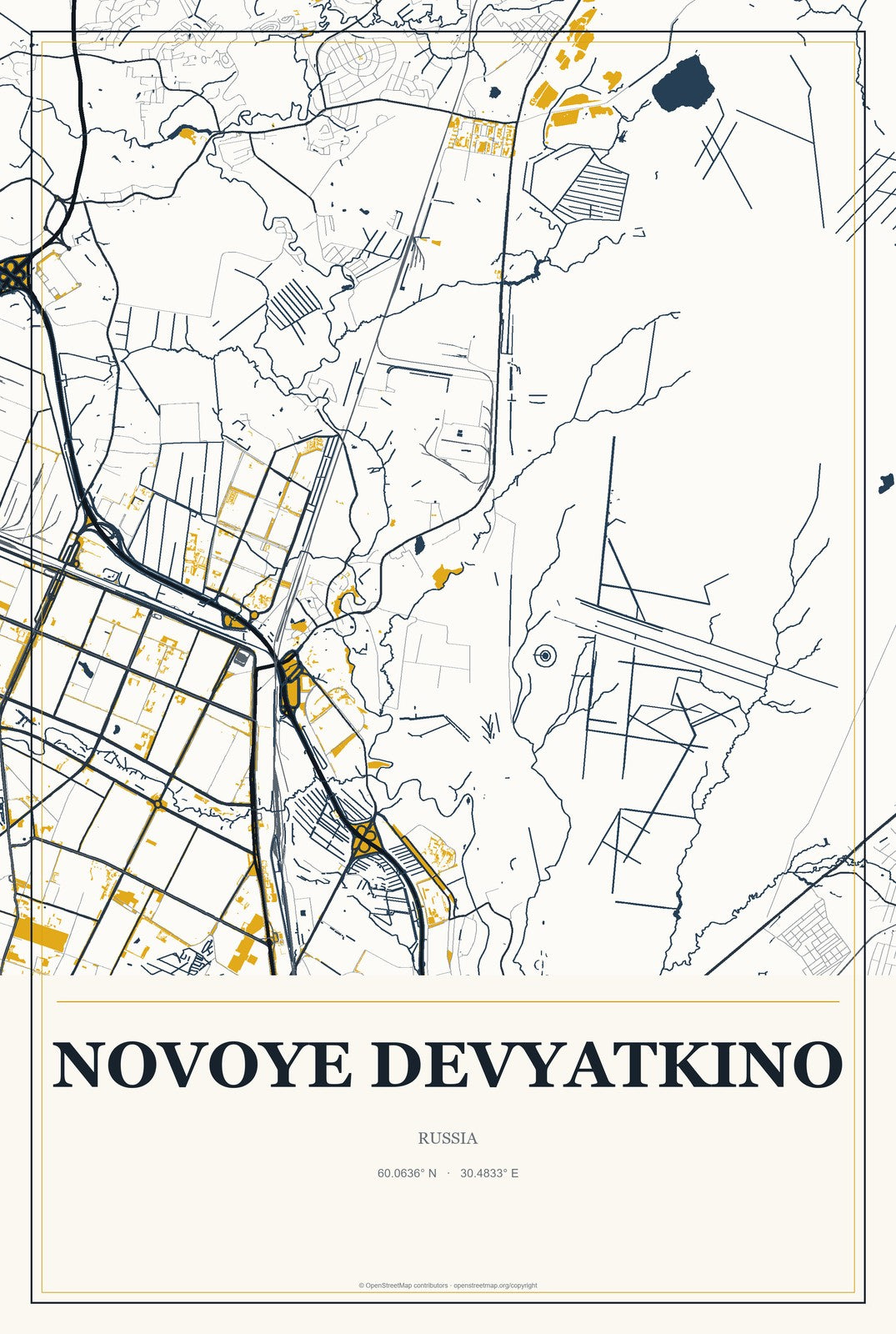 Novoye Devyatkino, Russia City Map Aluminum Sign in Citrine Modern style