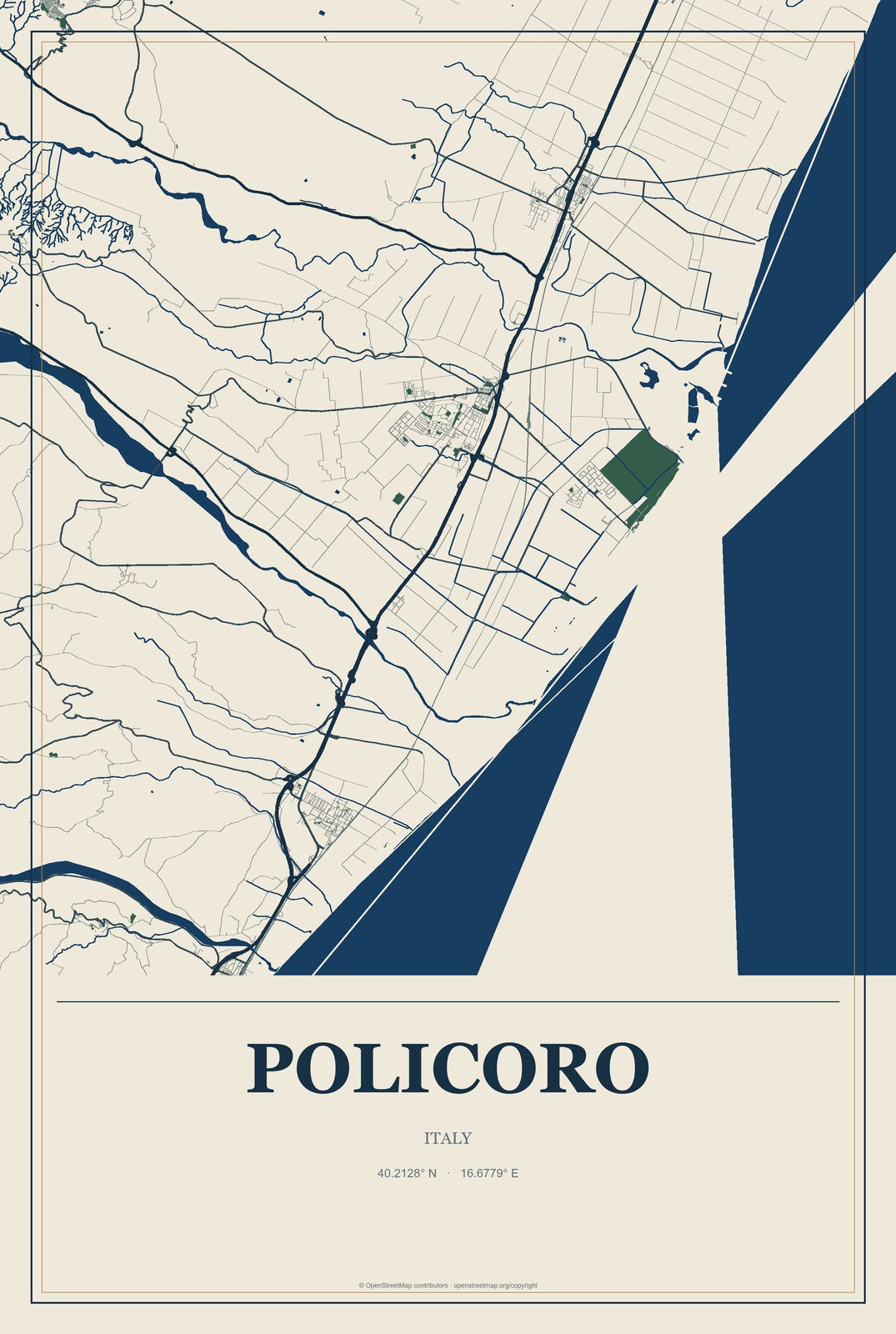 Policoro, Italy City Map Aluminum Sign in Coastal Cutout style