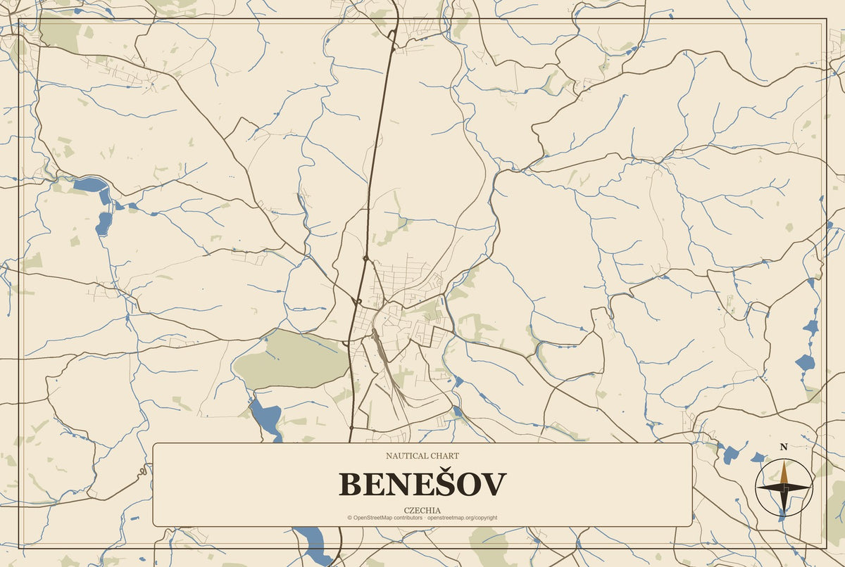 Benešov, Czechia City Map Aluminum Sign in Heritage Nautical style