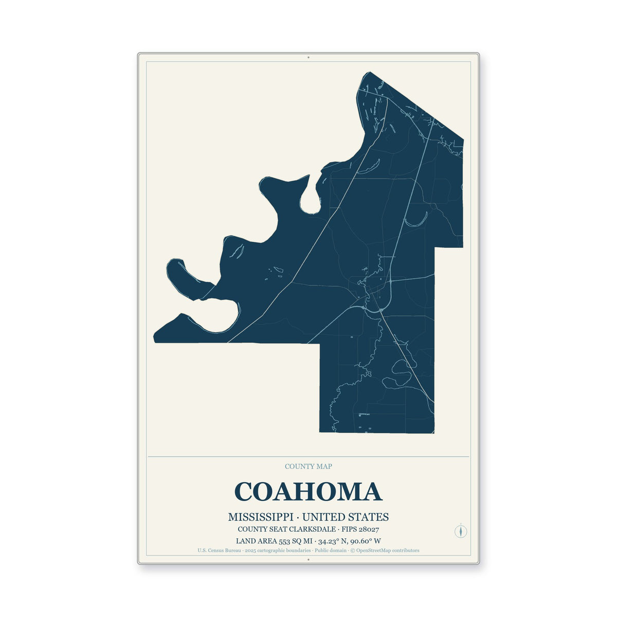 Coahoma County, Mississippi Map Aluminum Sign in Coastal Cutout style