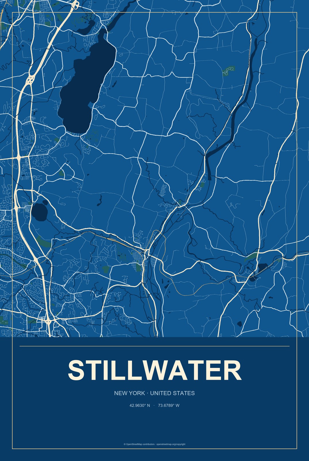 Stillwater, New York City Map Aluminum Sign in Harbor Cobalt style